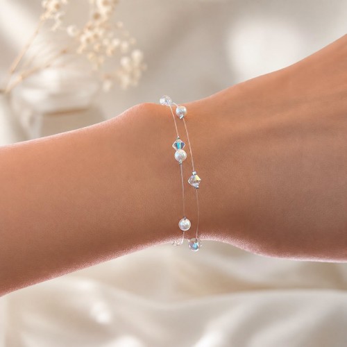 Дамска Двойна Гривна на Прозрачна Корда с Кристали и Перли Сваровски/Swarovski